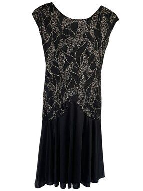 Vintage 80s Karat Club Drop Waist Midi Dress XS Black Gold Leaf Sparkle Glitter